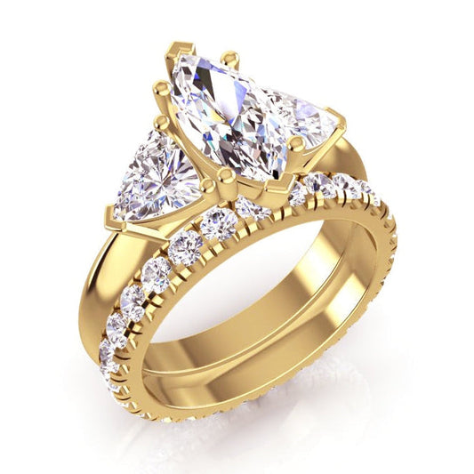 3-Stein-Marquise-Echt Diamant-Billionen-Ring & passendes Band 3 Karat