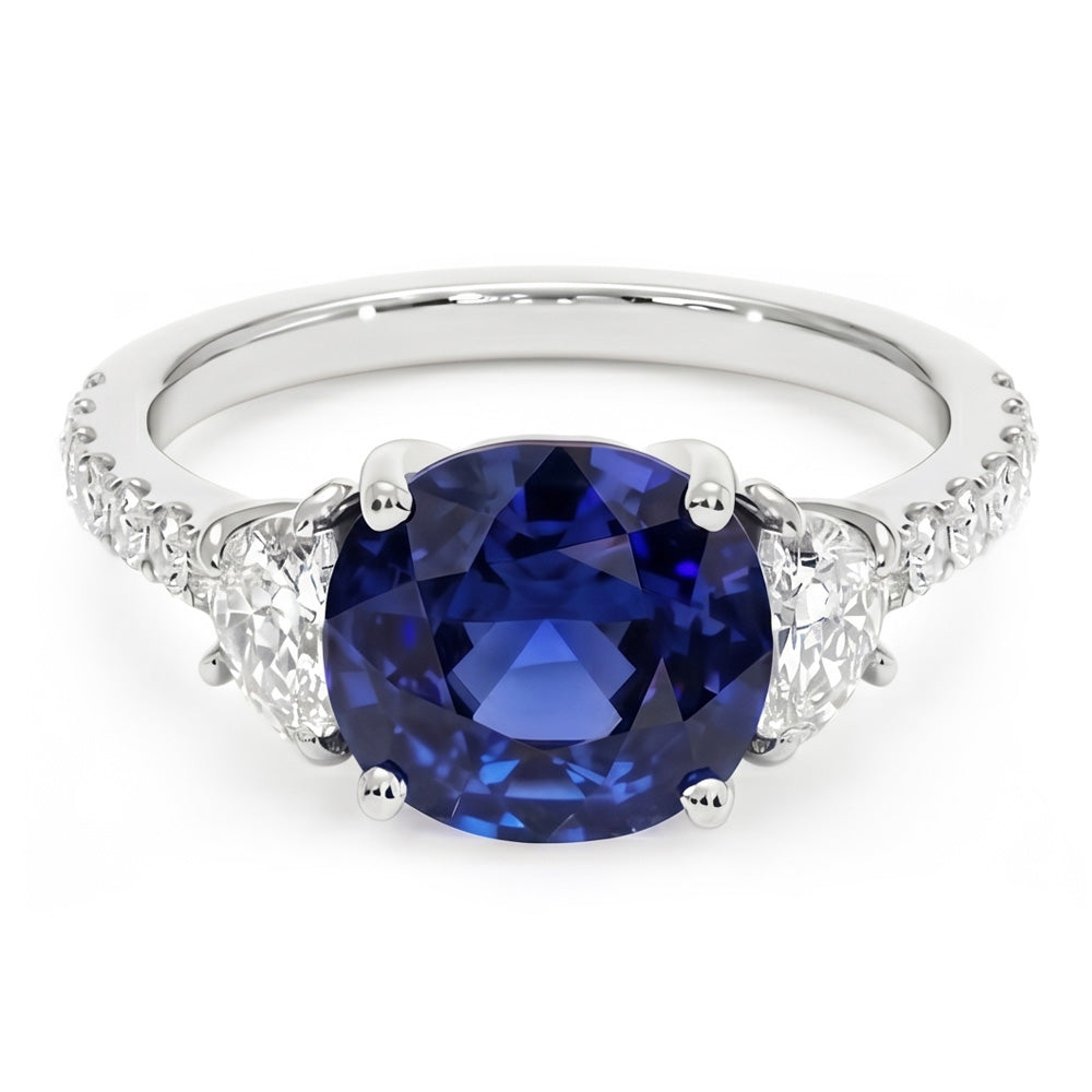3 Stein-Stil Ovaler Ceylon Saphir & Halbmond Aus der Erde Abgebauter Natürlicher Diamanten Ring 11 Karat