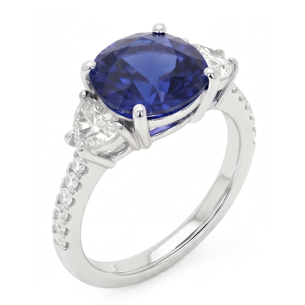 3 Stein-Stil Ovaler Ceylon Saphir & Halbmond Aus der Erde Abgebauter Natürlicher Diamanten Ring 11 Karat