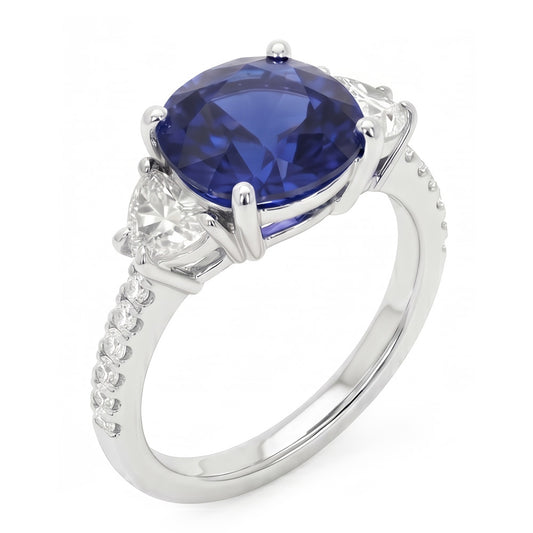 3 Stein-Stil Ovaler Ceylon Saphir & Halbmond Aus der Erde Abgebauter Natürlicher Diamanten Ring 11 Karat