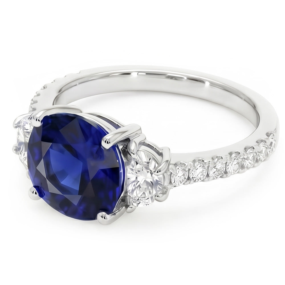 3 Stein-Stil Ovaler Ceylon Saphir & Halbmond Aus der Erde Abgebauter Natürlicher Diamanten Ring 11 Karat