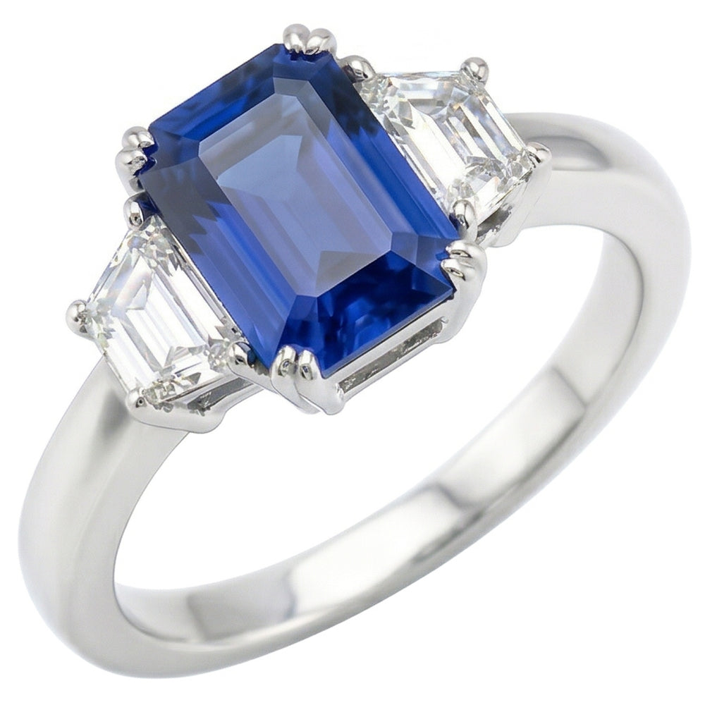 3 Stein Trapezoid Natürlicher Diamant ( nicht im Labor gezüchtet ) Schmuck 3 Karat Strahlender Ceylon Saphir Ring