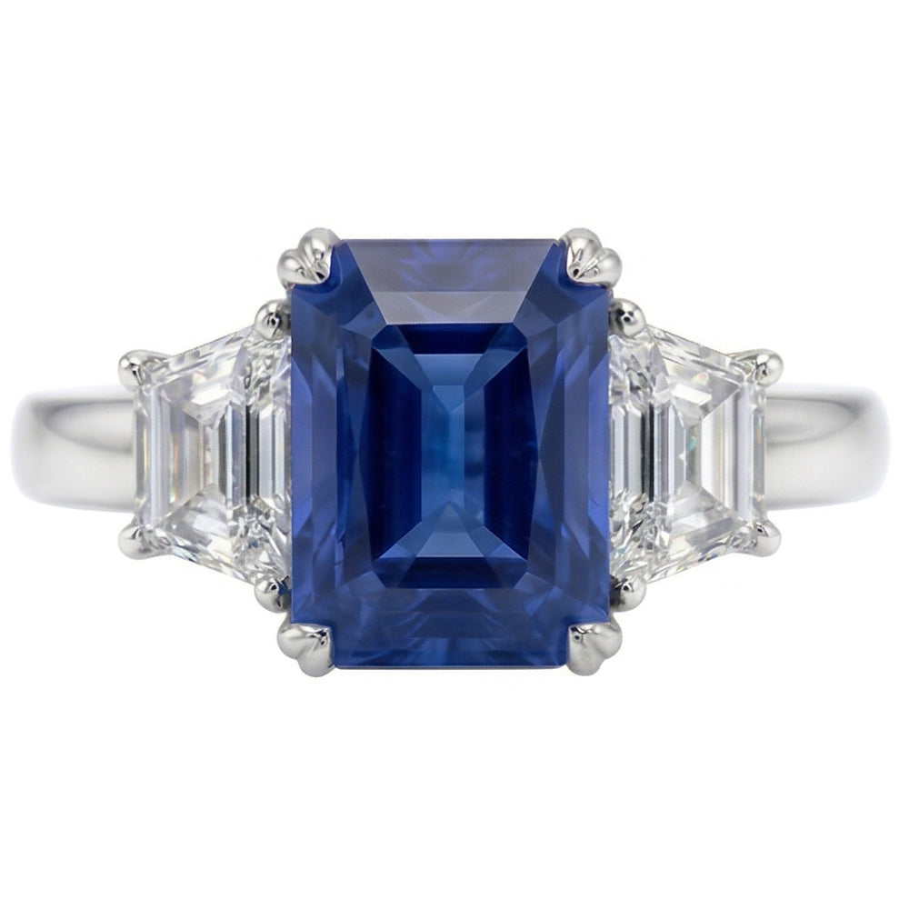 3 Stein Trapezoid Natürlicher Diamant ( nicht im Labor gezüchtet ) Schmuck 3 Karat Strahlender Ceylon Saphir Ring