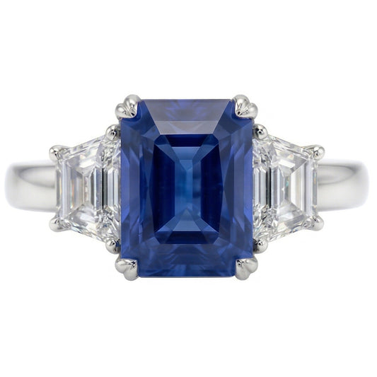 3 Stein Trapezoid Natürlicher Diamant ( nicht im Labor gezüchtet ) Schmuck 3 Karat Strahlender Ceylon Saphir Ring