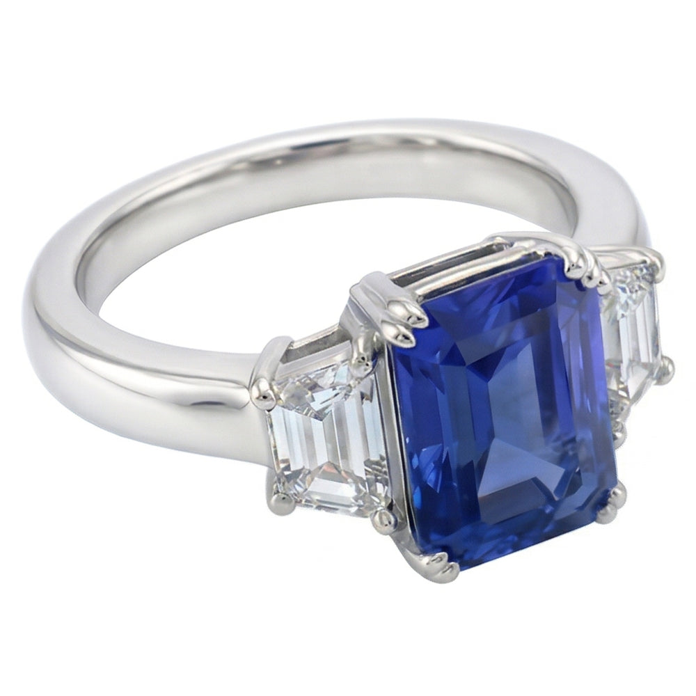 3 Stein Trapezoid Natürlicher Diamant ( nicht im Labor gezüchtet ) Schmuck 3 Karat Strahlender Ceylon Saphir Ring