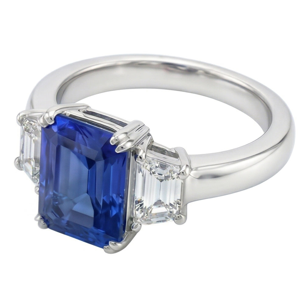 3 Stein Trapezoid Natürlicher Diamant ( nicht im Labor gezüchtet ) Schmuck 3 Karat Strahlender Ceylon Saphir Ring