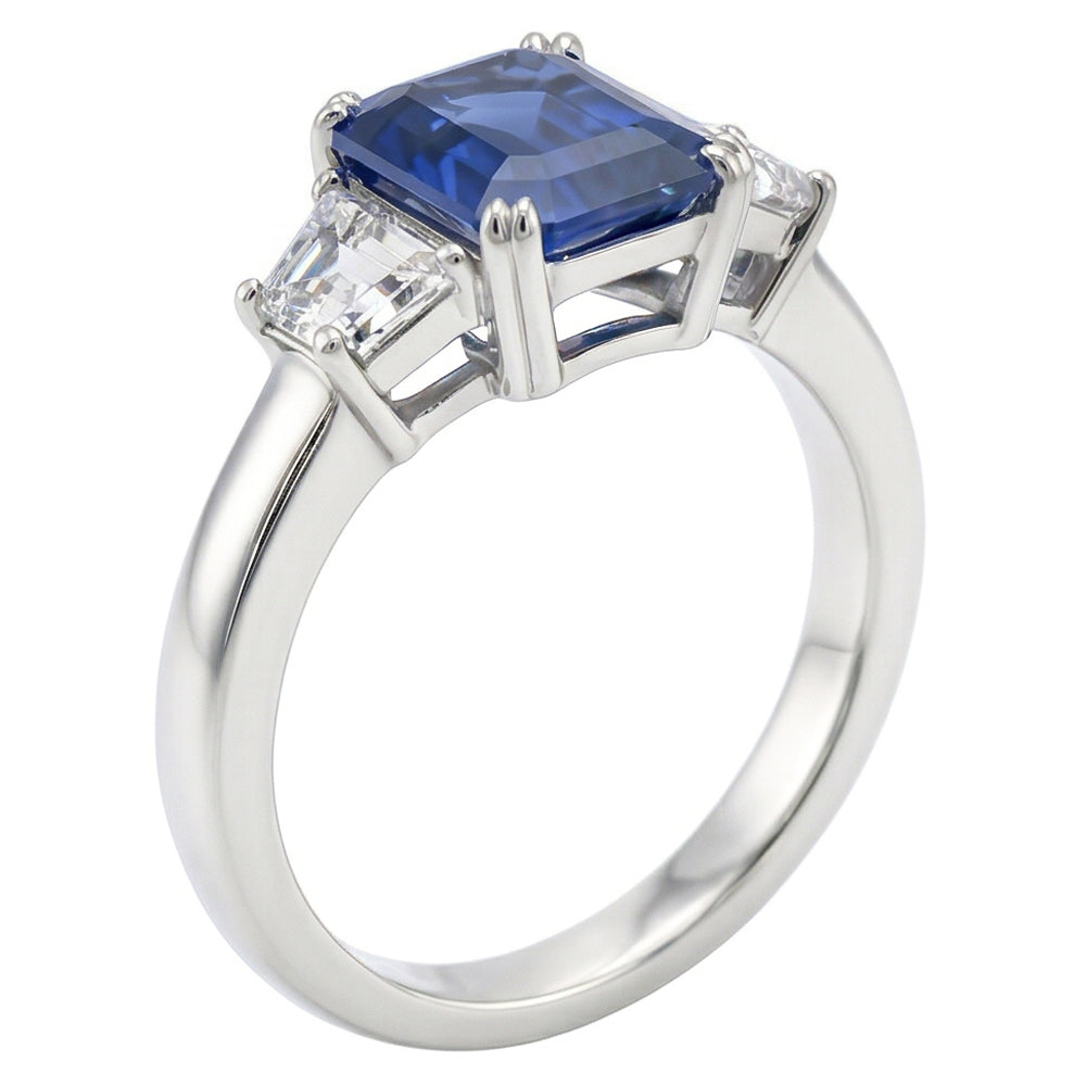 3 Stein Trapezoid Natürlicher Diamant ( nicht im Labor gezüchtet ) Schmuck 3 Karat Strahlender Ceylon Saphir Ring