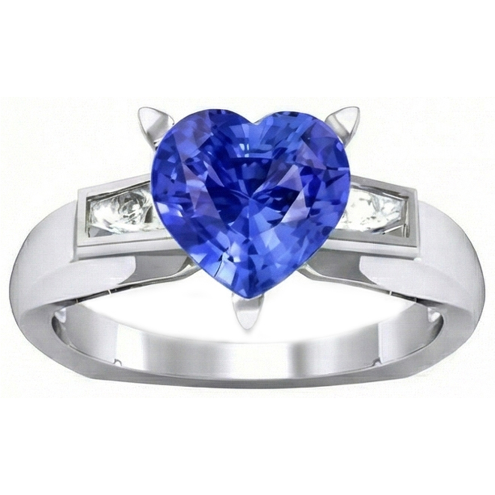 3 Steine Baguette Natürlicher Diamant ( nicht im Labor gezüchtet ) & Blauer Saphir Herzförmiger Ring 2,75 Karat
