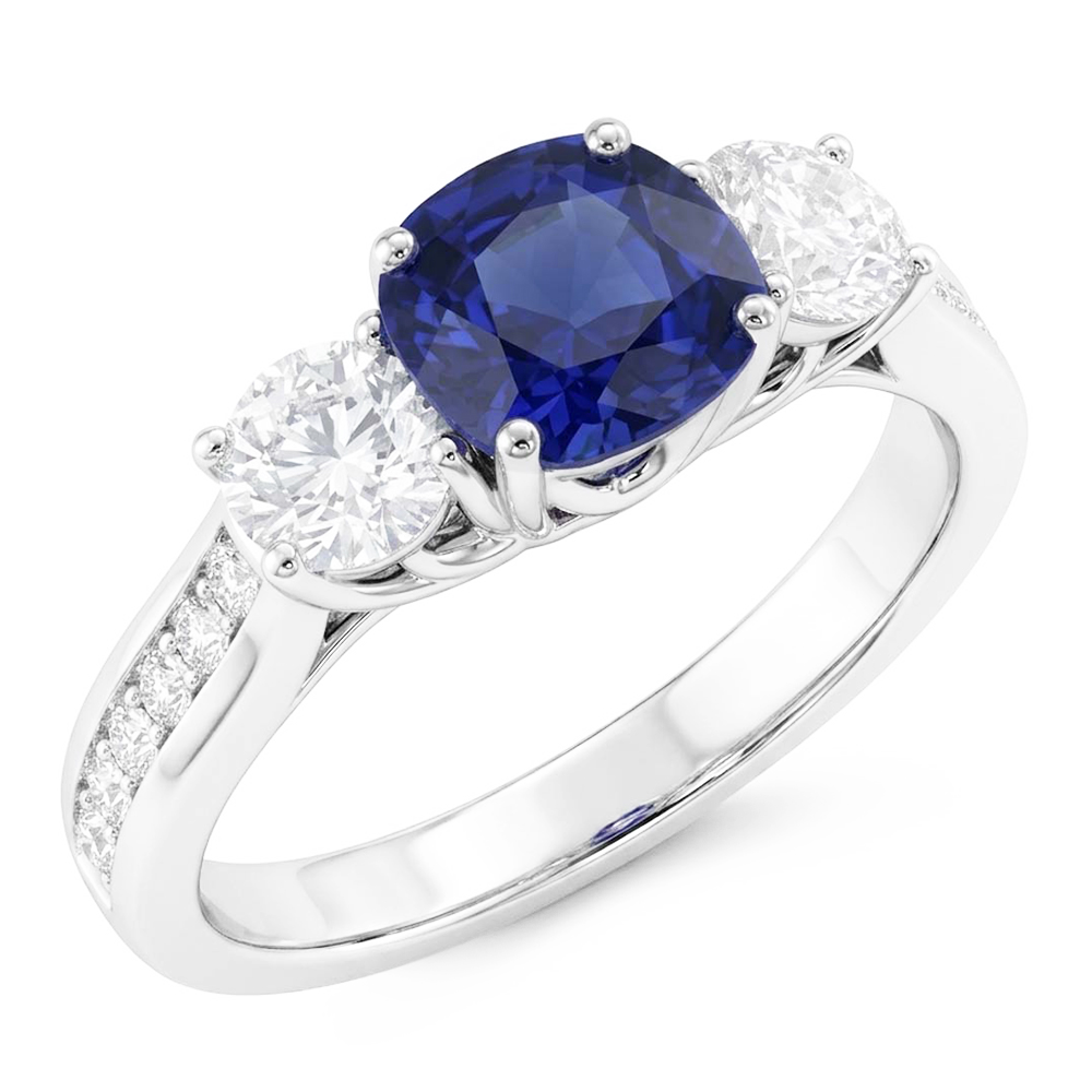 3 Steine Edelstein Ring Kissen Saphir & Natürlicher Diamant ( nicht im Labor gezüchtet )en 3,50 Karat