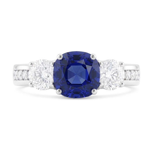 3 Steine Edelstein Ring Kissen Saphir & Natürlicher Diamant ( nicht im Labor gezüchtet )en 3,50 Karat