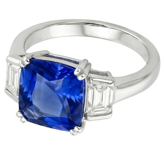 3 Steine Ehering Kissen Saphir & Trapez Natürlicher Diamant ( nicht im Labor gezüchtet ) 2,50 Karat