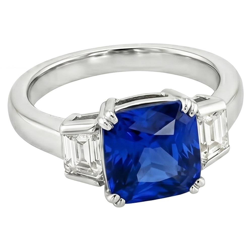 3 Steine Ehering Kissen Saphir & Trapez Natürlicher Diamant ( nicht im Labor gezüchtet ) 2,50 Karat