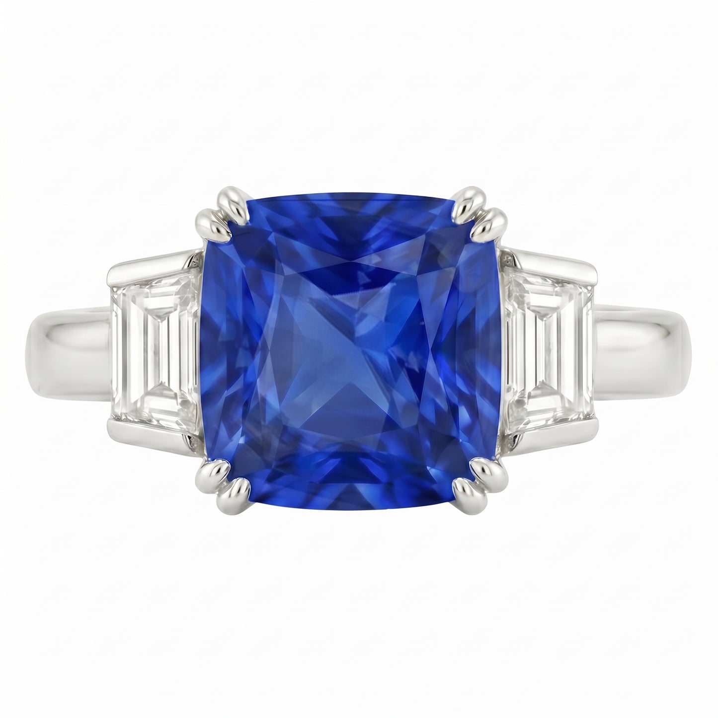 3 Steine Ehering Kissen Saphir & Trapez Natürlicher Diamant ( nicht im Labor gezüchtet ) 2,50 Karat