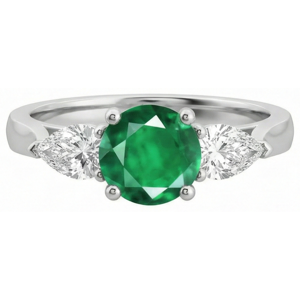 3 Steine Grün Smaragd & Aus der Erde Abgebauter Natürlicher Diamanten 3 Karat Verlobungsring Weißgold 14K