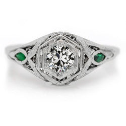 3 Steine Ring Alter Minenschliff Diamant & Ovale Smaragde 2 Karat