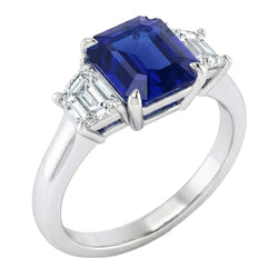 3 Steine Ring Asscher Schliff Blauer Saphir & Trapezoid Natürlicher Diamant ( nicht im Labor gezüchtet )en 2 Karat