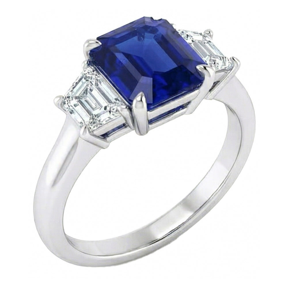 3 Steine Ring Asscher Schliff Blauer Saphir & Trapezoid Natürlicher Diamant ( nicht im Labor gezüchtet )en 2 Karat