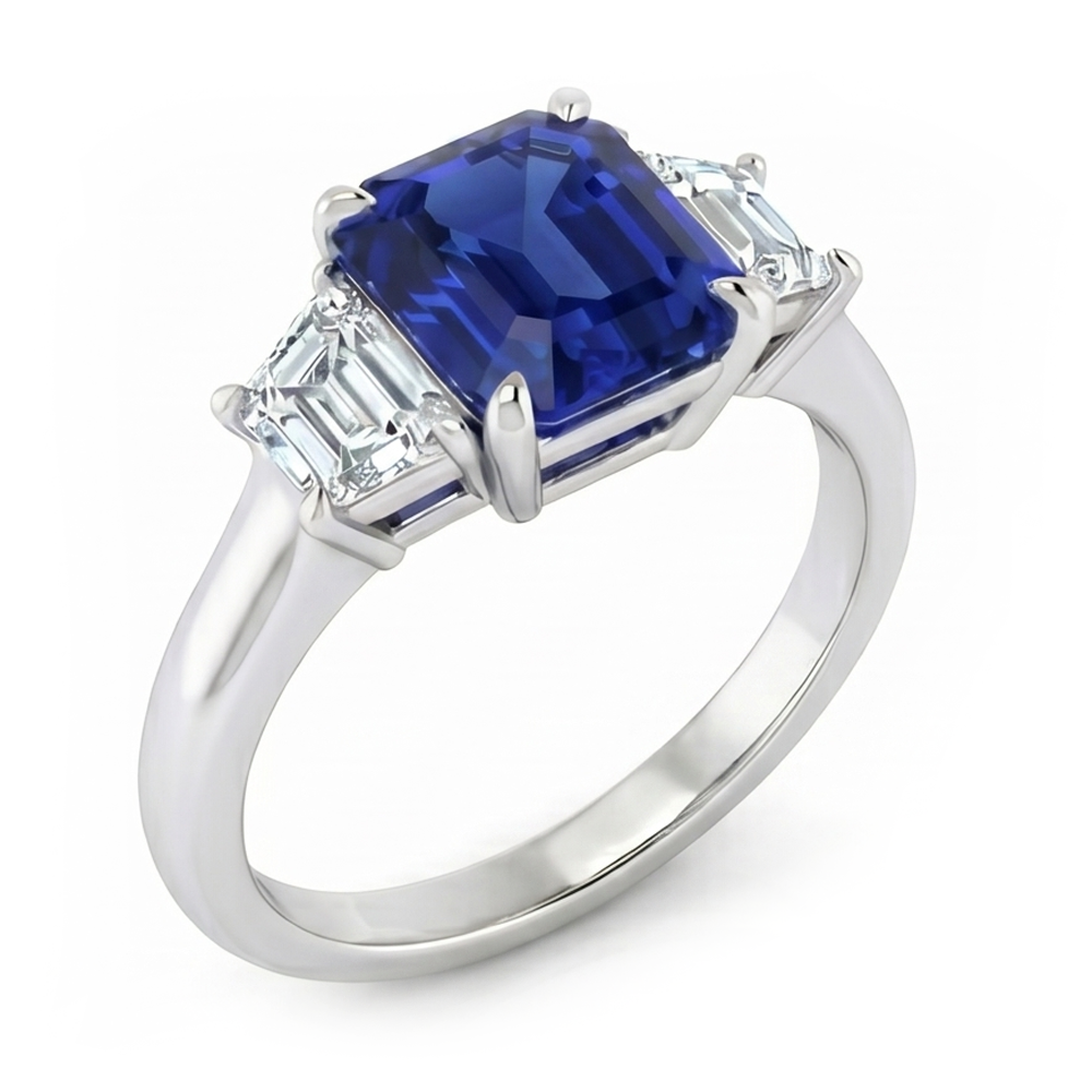 3 Steine Ring Asscher Schliff Blauer Saphir & Trapezoid Natürlicher Diamant ( nicht im Labor gezüchtet )en 2 Karat