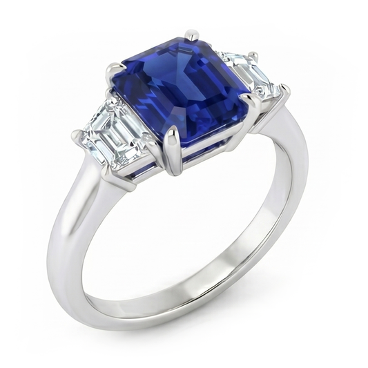 3 Steine Ring Asscher Schliff Blauer Saphir & Trapezoid Natürlicher Diamant ( nicht im Labor gezüchtet )en 2 Karat