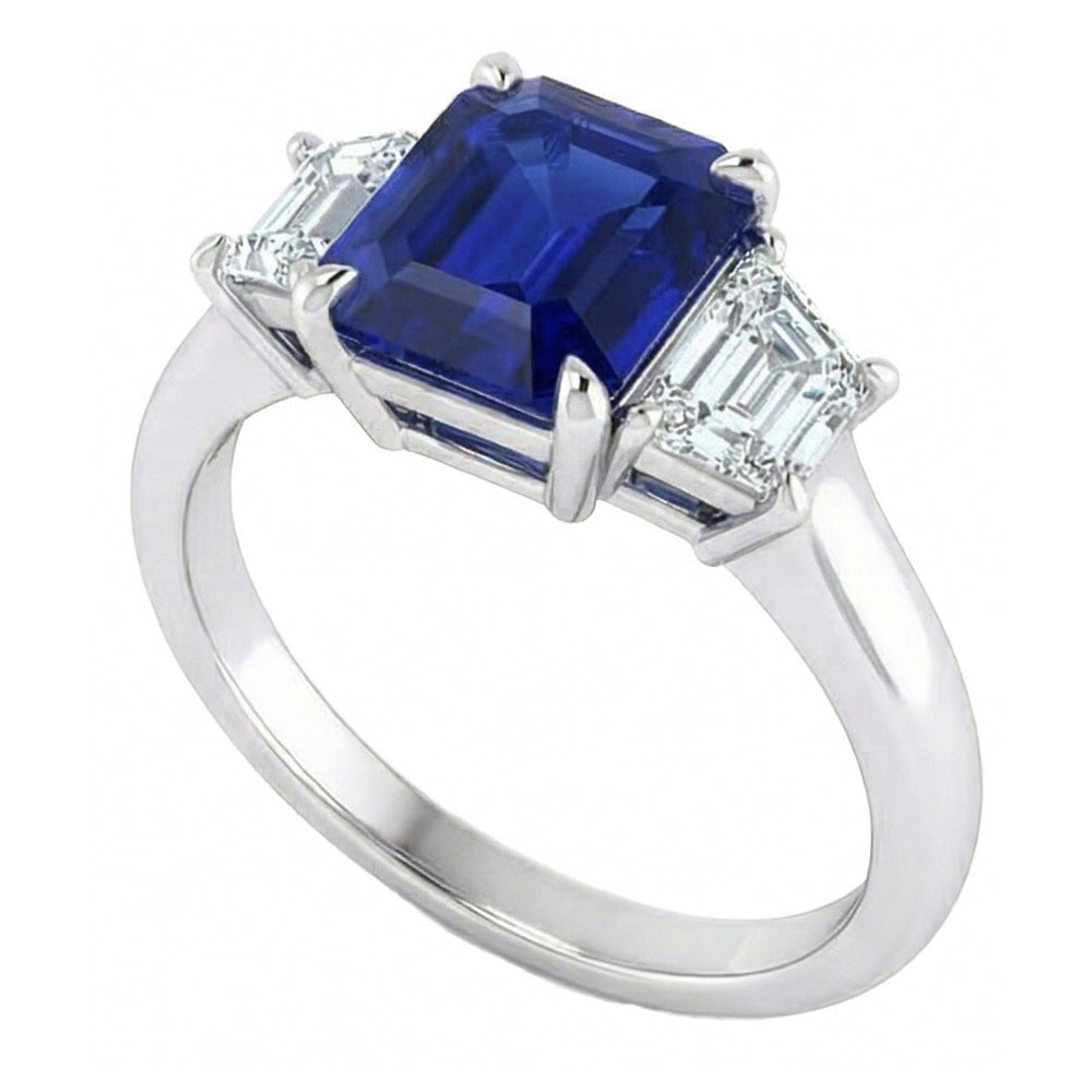 3 Steine Ring Asscher Schliff Blauer Saphir & Trapezoid Natürlicher Diamant ( nicht im Labor gezüchtet )en 2 Karat