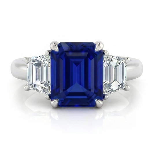3 Steine Ring Asscher Schliff Blauer Saphir & Trapezoid Natürlicher Diamant ( nicht im Labor gezüchtet )en 2 Karat