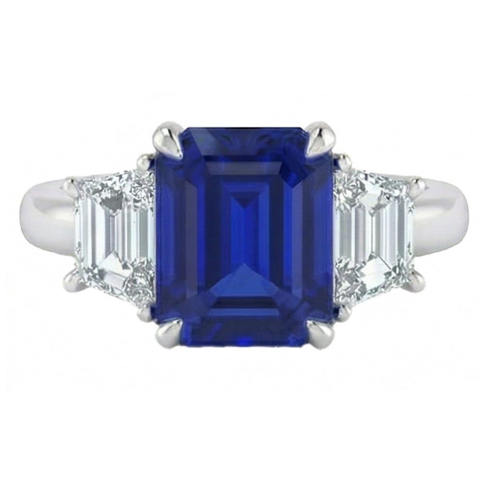 3 Steine Ring Asscher Schliff Blauer Saphir & Trapezoid Natürlicher Diamant ( nicht im Labor gezüchtet )en 2 Karat