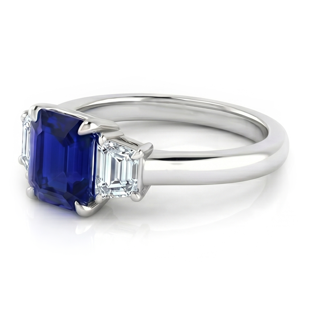 3 Steine Ring Asscher Schliff Blauer Saphir & Trapezoid Natürlicher Diamant ( nicht im Labor gezüchtet )en 2 Karat