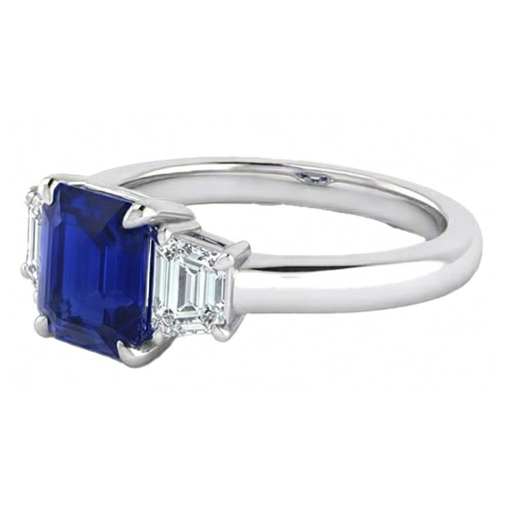 3 Steine Ring Asscher Schliff Blauer Saphir & Trapezoid Natürlicher Diamant ( nicht im Labor gezüchtet )en 2 Karat