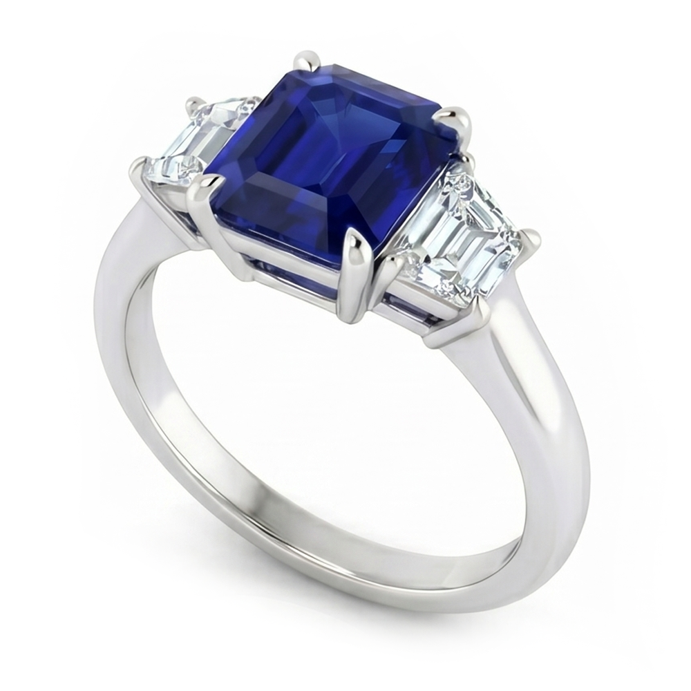 3 Steine Ring Asscher Schliff Blauer Saphir & Trapezoid Natürlicher Diamant ( nicht im Labor gezüchtet )en 2 Karat