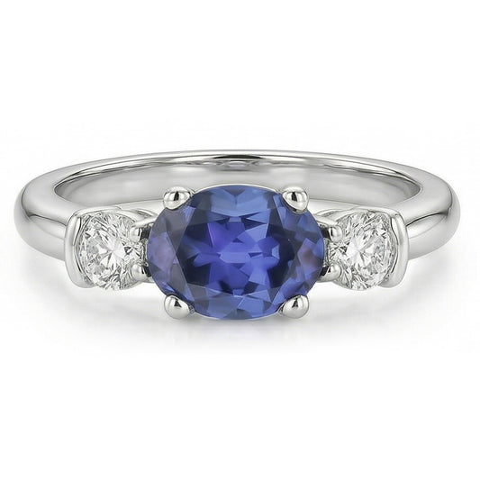 3 Steine Ring Oval und Rundschliff Ceylon Saphir & Aus der Erde Abgebauter Natürlicher Diamant 5 Karat Neu