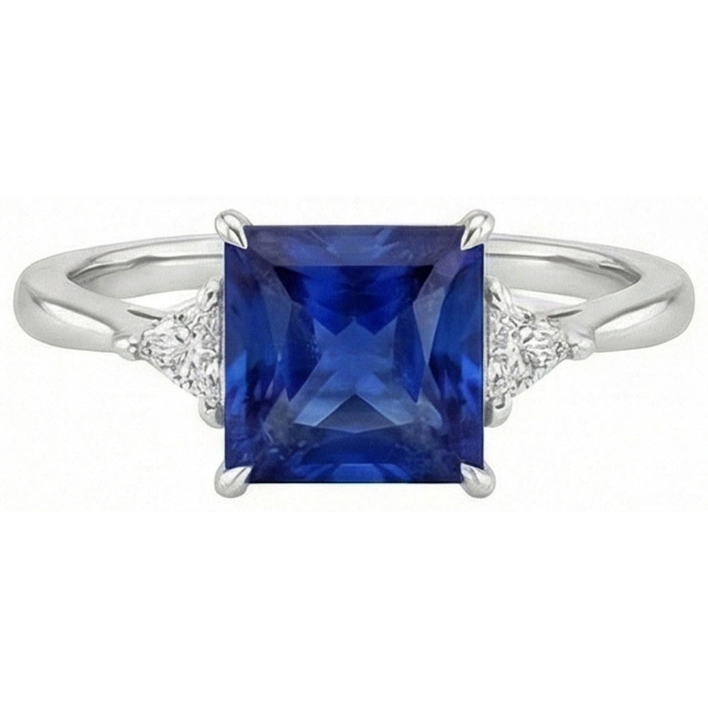 3 Steine Ring Prinzessin Blauer Saphir & Aus der Erde Abgebauter Natürlicher Diamanten im Trillion-Schliff 5,50 Karat