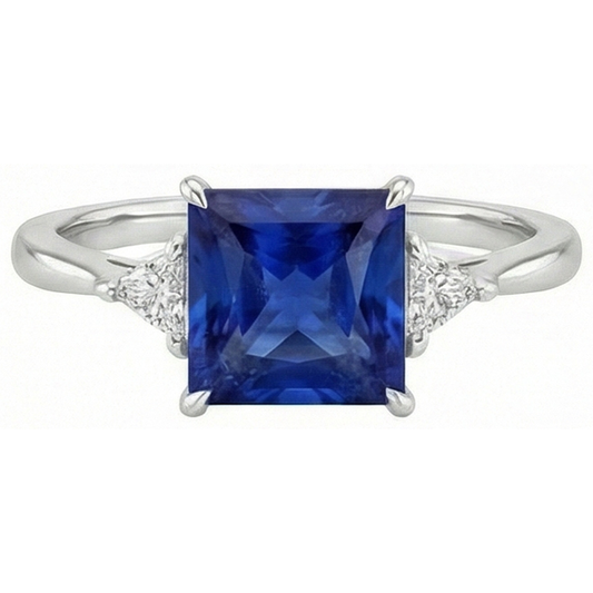 3 Steine Ring Prinzessin Blauer Saphir & Aus der Erde Abgebauter Natürlicher Diamanten im Trillion-Schliff 5,50 Karat