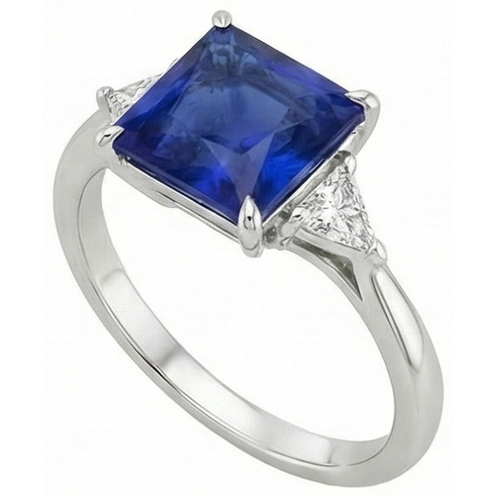 3 Steine Ring Prinzessin Blauer Saphir & Aus der Erde Abgebauter Natürlicher Diamanten im Trillion-Schliff 5,50 Karat