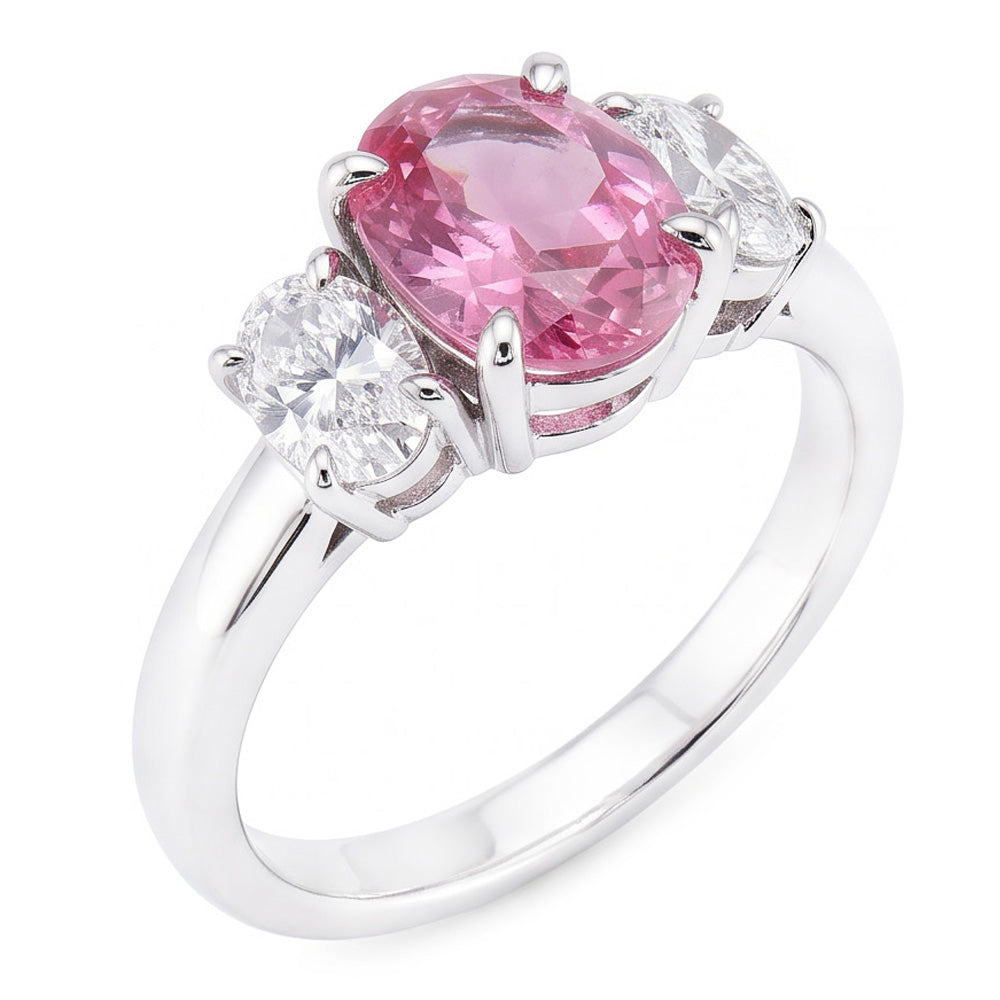3 Steine Ring Rosa Saphir Mit Aus der Erde Abgebauter Natürlicher Diamanten 3,50 Karat Weißgold 14K