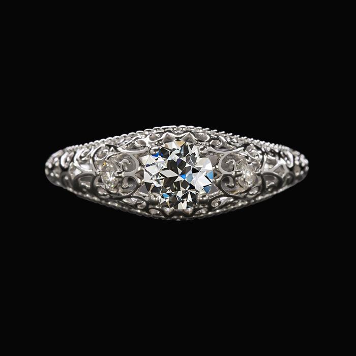 3 Steine Ring Rund Altschliff Echt Diamant Filigran Antik Stil 1.25 Karat