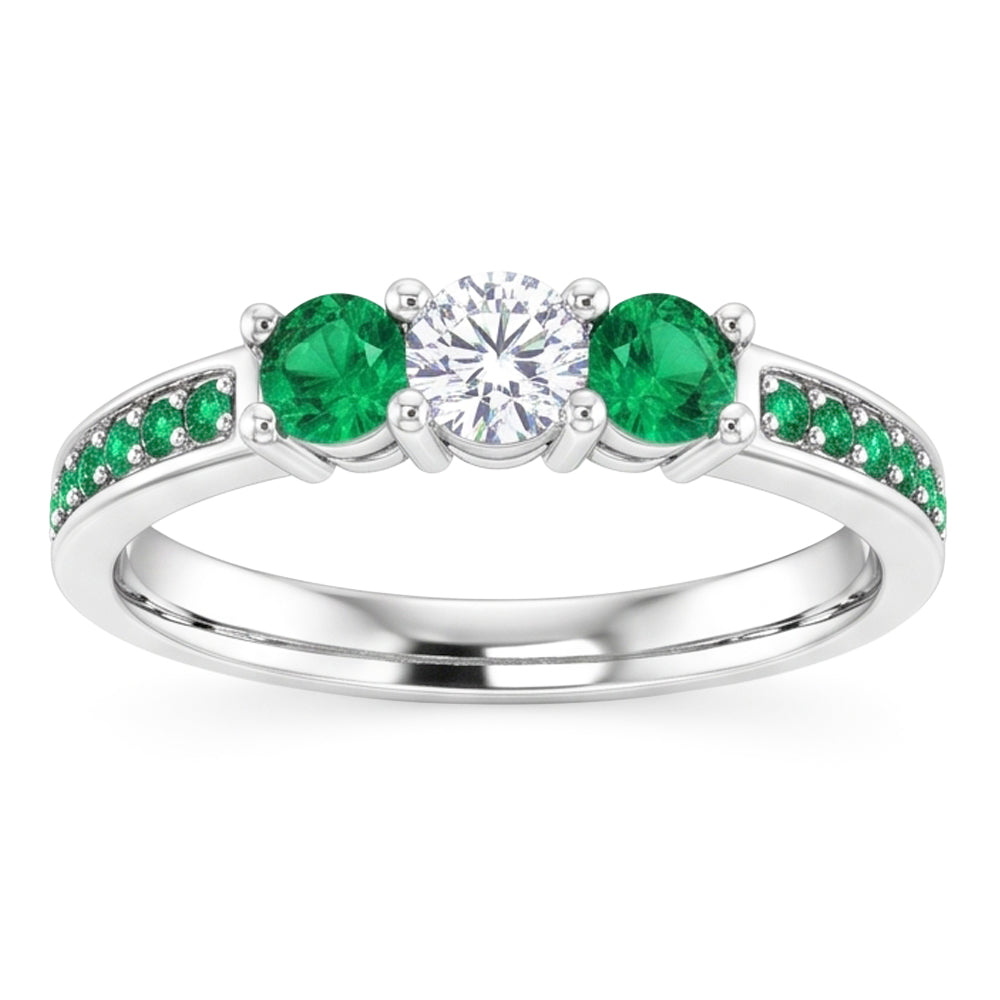 3 Steine Ring Runder Aus der Erde Abgebauter Natürlicher Diamant 1,07 Karat Kolumbianischer Smaragd