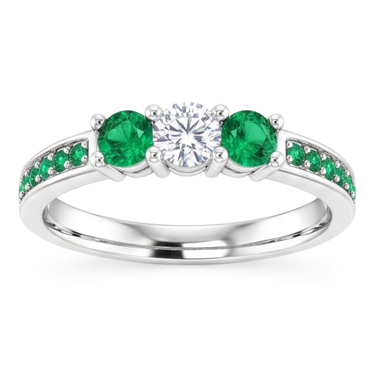 3 Steine Ring Runder Aus der Erde Abgebauter Natürlicher Diamant 1,07 Karat Kolumbianischer Smaragd
