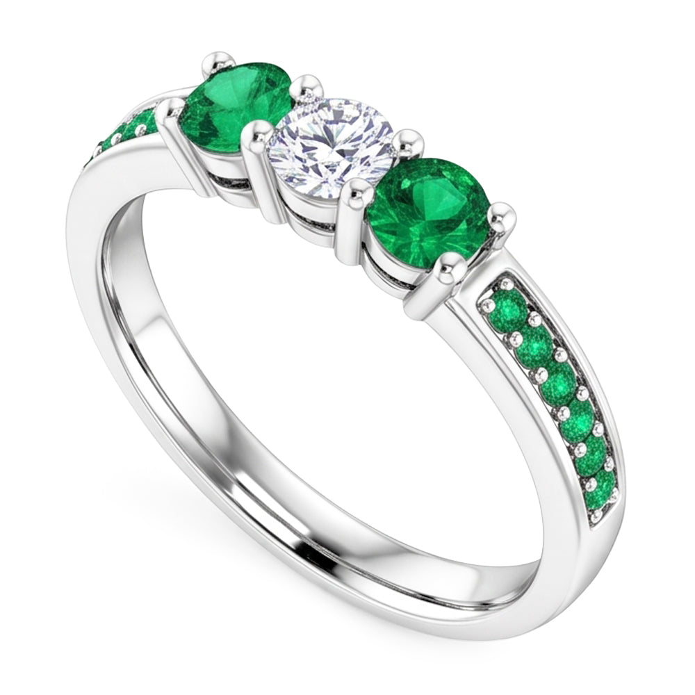 3 Steine Ring Runder Aus der Erde Abgebauter Natürlicher Diamant 1,07 Karat Kolumbianischer Smaragd