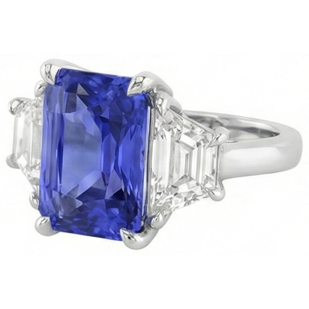 3 Steine Ring Trapezoid Natürlicher Diamant ( nicht im Labor gezüchtet ) & Ceylon Saphir 3,50 Karat Krappenset