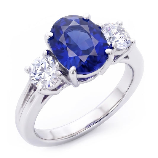 3 Steine Saphir und Aus der Erde Abgebauter Natürlicher Diamanten Ring Jubiläum 14K Gold