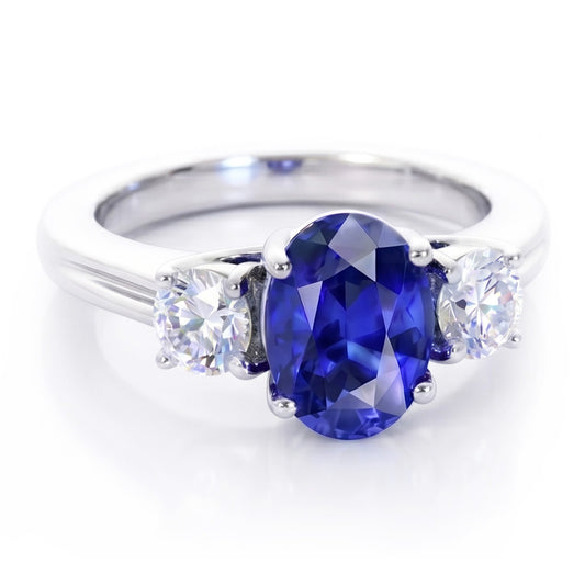 3 Steine Saphir und Aus der Erde Abgebauter Natürlicher Diamanten Ring Jubiläum 14K Gold