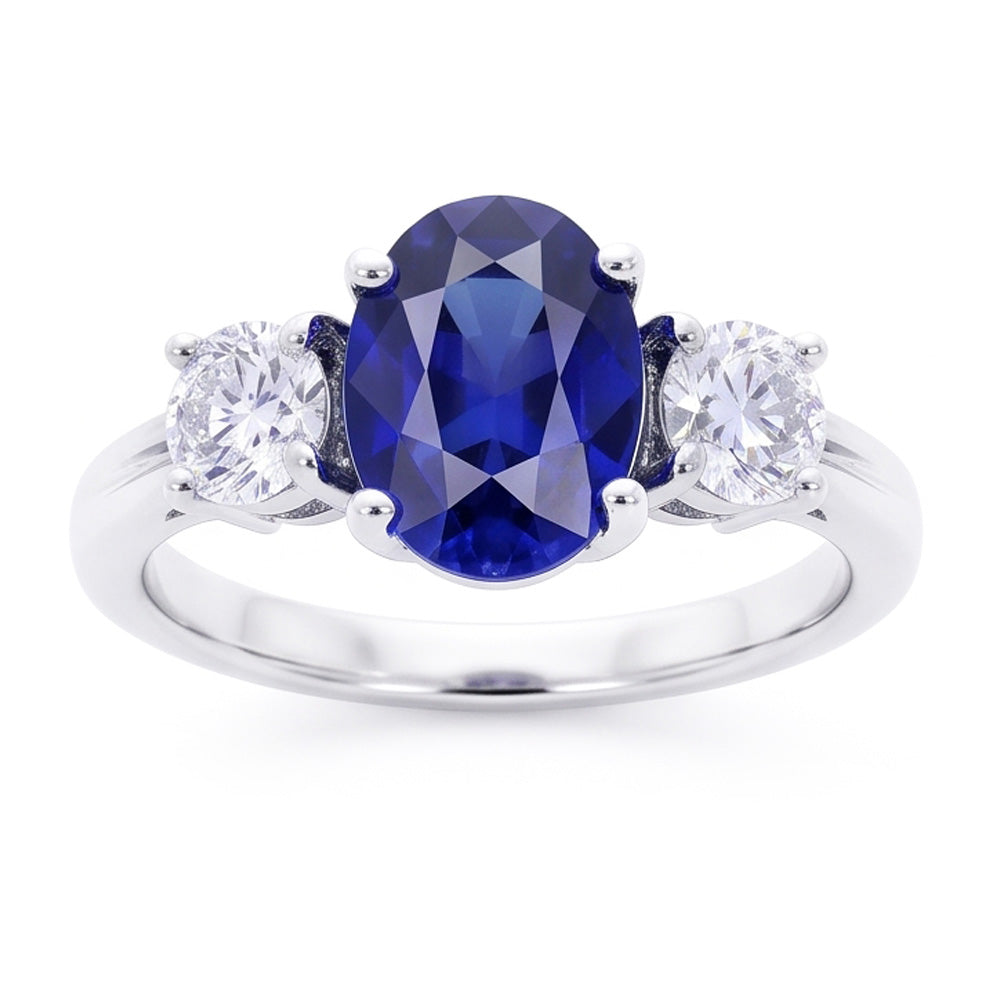 3 Steine Saphir und Aus der Erde Abgebauter Natürlicher Diamanten Ring Jubiläum 14K Gold