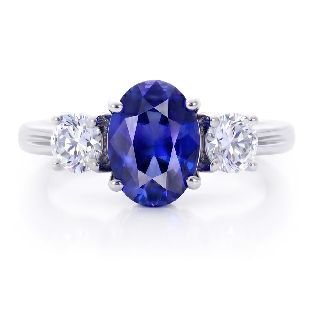 3 Steine Saphir und Aus der Erde Abgebauter Natürlicher Diamanten Ring Jubiläum 14K Gold