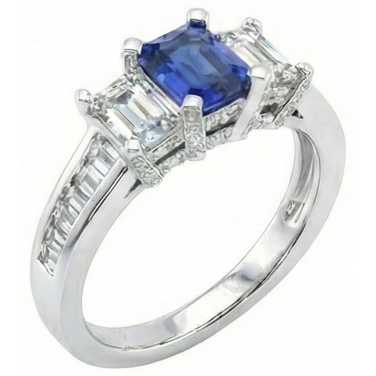 3 Steine Smaragd Natürlicher Diamant ( nicht im Labor gezüchtet ) Blauer Saphir Ring Kanal Set Akzente 3 Karat