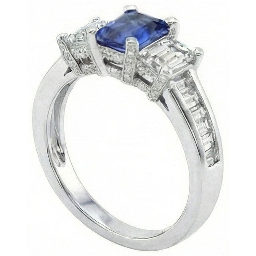 3 Steine Smaragd Natürlicher Diamant ( nicht im Labor gezüchtet ) Blauer Saphir Ring Kanal Set Akzente 3 Karat