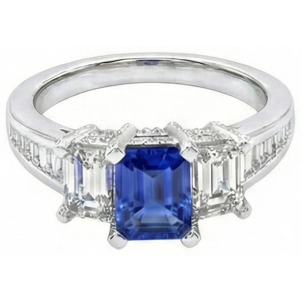 3 Steine Smaragd Natürlicher Diamant ( nicht im Labor gezüchtet ) Blauer Saphir Ring Kanal Set Akzente 3 Karat