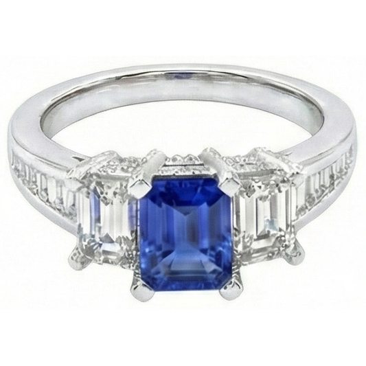 3 Steine Smaragd Natürlicher Diamant ( nicht im Labor gezüchtet ) Blauer Saphir Ring Kanal Set Akzente 3 Karat