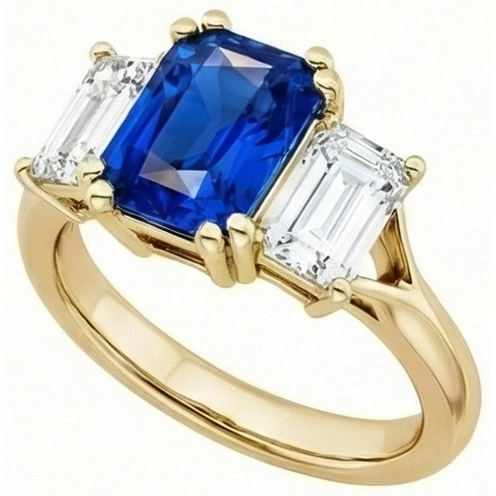 3 Steine Smaragd Natürlicher Diamant ( nicht im Labor gezüchtet ) Saphir Ring Split Schaft Gelbgold 2 Karat