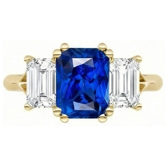 3 Steine Smaragd Natürlicher Diamant ( nicht im Labor gezüchtet ) Saphir Ring Split Schaft Gelbgold 2 Karat