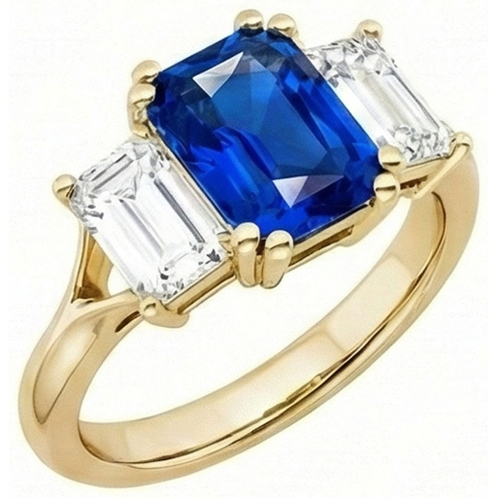 3 Steine Smaragd Natürlicher Diamant ( nicht im Labor gezüchtet ) Saphir Ring Split Schaft Gelbgold 2 Karat